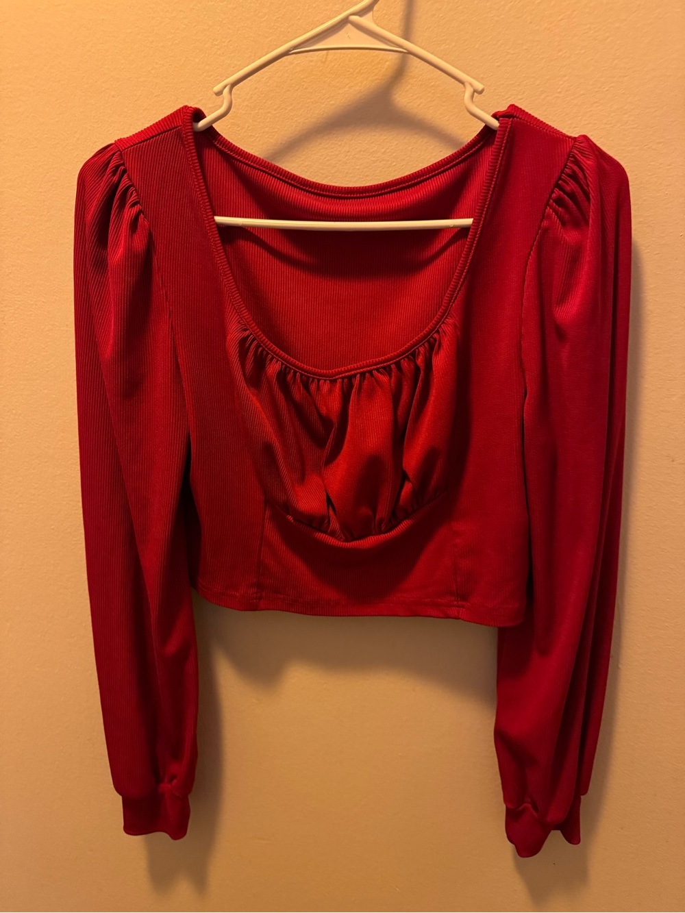 SHEIN Red Long-Sleeve Scoop Neck Cropped Blouse